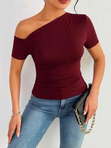 Supex Mesh T-Shirt Blouse With Asymmetrical Short Sleeves For Summer, Ideal For Casual, Comfortable And Elegant Use - Màu Đỏ Sâu - Xem 1