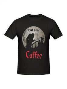 Camiseta impresa de café Nosferatu But First, divertida, de manga corta, suelta y de gran tamaño para hombres - Negro - Ver 6