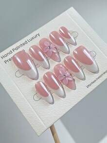 10片法式美甲贴纸，杏仁形，光泽保湿，带闪光粉，3D立体花卉装饰，简约精致，适合女孩日常及约会美甲，附赠果冻胶和指甲锉。 - 粉色 - 查看 3