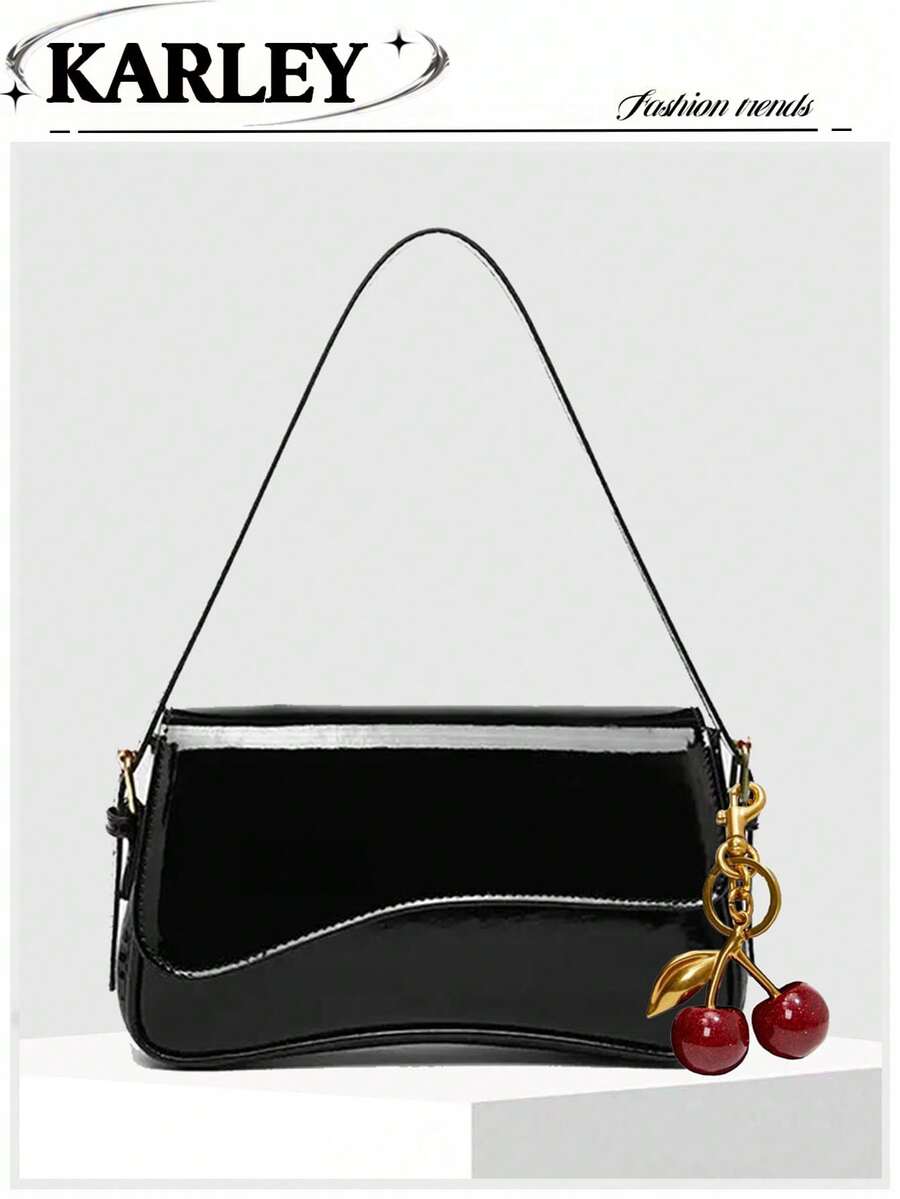 1 件 PU 皮革女士单肩包，勃艮第方形包，多功能漆皮小包，Y2K Baddie 包，腋下单肩包，时尚斜挎包，配有樱桃吊饰 - 黑色 - 查看 1