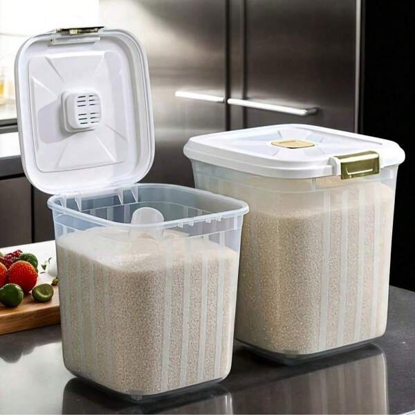 1pc Large Capacity Rice Bucket, Airtight Seal Grain Storage Container For Kitchen And Pet Food - Moistureproof Transparent, Food Storage Holder With Easy-Access Lid, Scoop, Kitchen Utensils And Small Tools