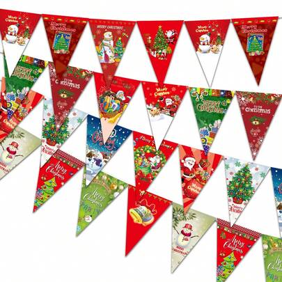 12PCS Retro-Style Christmas Flag Banner, Retro Christmas Banner, Retro Christmas Wreath, Christmas Flag Decoration, Retro Santa Claus Snowman Triangular Flag Banner, Suitable For Home Fireplace Decoration, Christmas Holiday And New Year Party Decoration