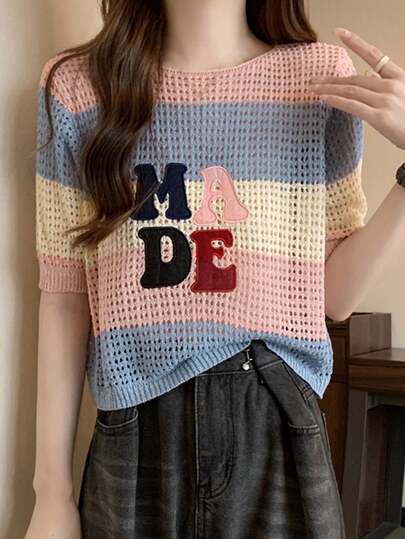 时尚撞色休闲女式针织短袖T恤 夏季