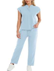 cimmuovere Stand Collar Sleeveless Loose Top And Practical Multi-Pocket Pants Uniform Set