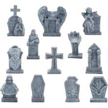 12 Pcs Miniature Tombstones Figurine Mini Resin Tombstones Gravestone Multiple Sizes Style For Mini House Graveyard Scene Diorama Crafts Halloween Decor Accessories, Gray - 灰色的 - 查看 2