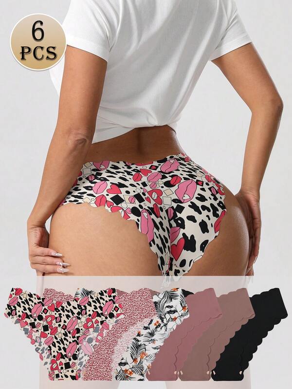 paquete de 6 bragas de bikini sin costuras para mujer - Cintura baja suave y cómoda, diseños multicolor e impresos (estampado de leopardo/corazón/labios, etc.), dobladillo festoneado, tela transpirable y amigable con la piel