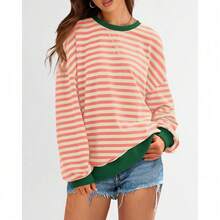 Womens Oversized Striped Sweatshirt Crewneck Long Sleeve Pullover Top Casual Y2K Spring Clothes 2026 Workout Shirt,Vacation Outfits Women,Valentine Outfits For Women,Street Photography - 淺橙杏色 - 查看 4
