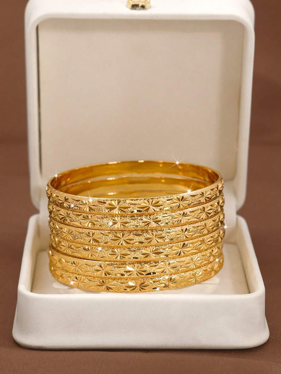 1/3/6 Pcs 24K Gold Plated Starry Sky Pattern Bracelet, 60mm/65mm/70mm Diameter Options, Suitable For Women's Daily Wear, No Packaging - Gold - View 1