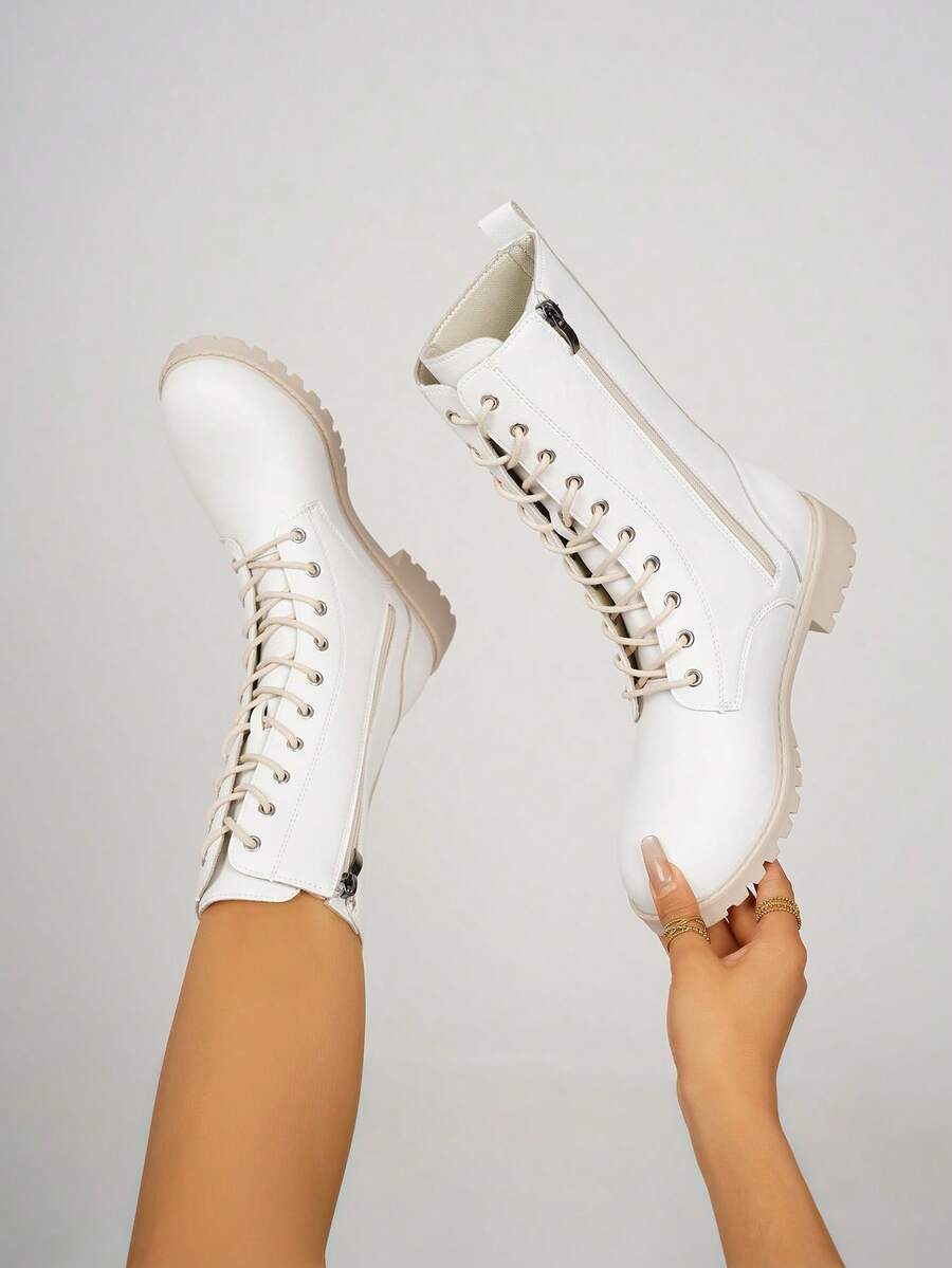 女士时尚百搭系带中筒靴/踝靴/短靴，摩托车靴，踝靴，高帮防滑靴，休闲舒适侧拉链户外靴，骑行户外黑色靴，秋冬靴，户外靴，过膝靴