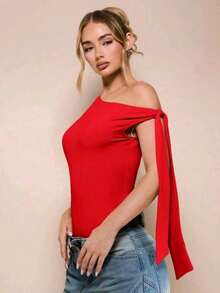 Women's Bodysuit With Tie Bow And Asymmetrical Neckline, Sleeveless, Ideal For Romantic Dates, Casual, Vacation And Summer - 紅色 - 查看 6