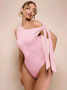 Women's Bodysuit With Tie Bow And Asymmetrical Neckline, Sleeveless, Ideal For Romantic Dates, Casual, Vacation And Summer - 珊瑚粉 - 查看 1