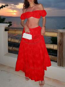 Off-Shoulder Short Top And Skirt Set, Vacation Style - Red - View 6