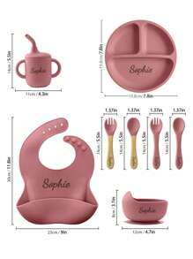 8PCS Personalized Customization Name Baby Silicone Custom Tableware Set Sucker Bowl Dishes Plate Bib Soft Spoon Fork Portable Baby Cup,Customized Kids Tableware,Easy Comfort,Kids,Gala Night,Modern,Colorful,Cute - Multicolor - View 9