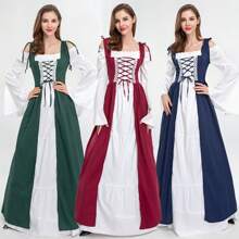 文艺复兴时期中世纪女式吊带露肩喇叭袖连衣裙，适合角色扮演活动和主题派对，面料略有弹性。