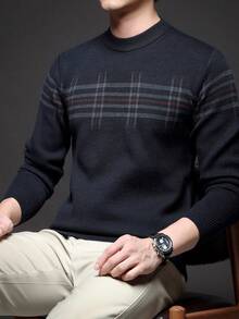 男士厚圆领毛衣，商务休闲提花针织长袖套头衫，适合分层穿着或外套，秋冬