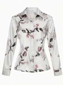 1 pieza Camisa de manga larga con botones y estampado floral, adecuada para citas, vacaciones, cumpleaños, fiestas, viajes, primavera/otoño