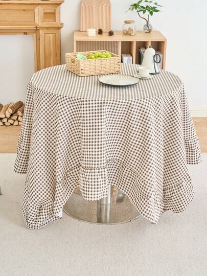 1pc Vintage Checkered Round Tablecloth, Ruffled Edge Decor For Kitchen, Living Room, Valentine's Day Table Decoration