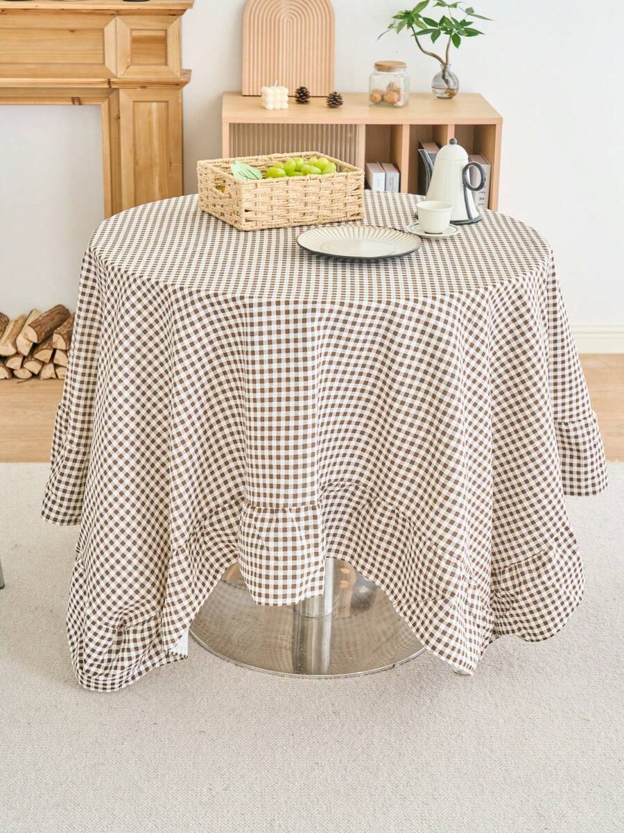 1pc Vintage Checkered Round Tablecloth, Ruffled Edge Decor For Kitchen, Living Room, Valentine's Day Table Decoration