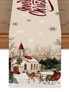 1 pièce Nappe thème de Noël, 35x180cm, thème de Noël vintage, motif d'église enneigée, thème des fêtes de Noël pour décoration de table à manger, convient pour les restaurants, les salons, les rassemblements familiaux de Noël, tissu d'hiver.