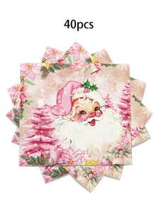 20pcs/40pcs/100pcs Pink Santa Claus Christmas Napkins Santa Xmas Tree Napkins Merry Christmas Paper Luncheon Napkins Dinner Dessert Decorative Napkins For Xmas Winter Holiday Birthday Party Supplies - Multicolor - View 8