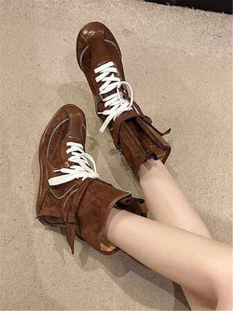 Women's Fashion Boots, Suede Lace-Up Casual Comfortable Side Zipper Mid-Calf Boots