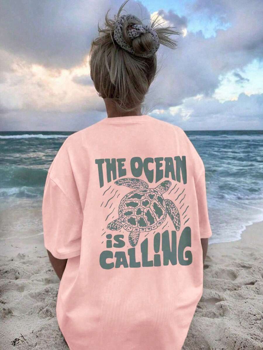 女士夏季休闲度假系列——海洋的召唤！海洋生物和字母印花图案圆领白色T恤，女士春夏度假单品，沙滩海洋风，休闲粉色系穿搭 - 粉色 - 查看 1