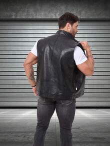 Chaleco de cuero de motocicleta para hombre, estilo deportivo sin mangas, color negro, para primavera/verano, con forro polar - Negro - Ver 6