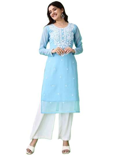 Estationeryhouse Women's Georgette Lucknowi Chikankari Kurti, Rose Design With Heavy Embroidery, Without Bottom(Baby Blue)