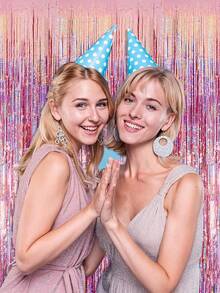 3pcs-Silver Foil Tassel Curtains Paired With A Pink, Shiny Metal Wire Background, Suitable ForDecorating Birthdays, Weddings, Parties, Disco Parties Themed Around The 70s, 80s And 90s, Bachelors' Parties And Rainbow Parties - Pink - View 4