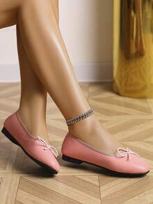 European & American Fashion Solid Color Ballet Bowknot Flat Shoes, Outdoor Spring/Autumn Ladies Flat Slip-On Soft Leather Soft Sole Shoes