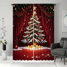 2pcs Holiday Red Christmas Tree Print Curtains - Elegant Holiday Decor With Snowflakes, Golden Stars And Ornaments, Rod Pocket Design For Living Room Or Bedroom, Machine Washable Polyester Microfiber, Christmas Curtains  Christmas Decor  Christmas Decorations Christmas Decoration Home Decor Room Decor - Multicolor - View 6