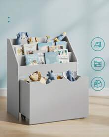SONGMICS Kids Bookshelf And Toy Organiser, Toy Storage Chest And Bookcase With 3 Shelves, Storage Box With Wheels, Multipurpose, For Children's Room And Playroom, Grey