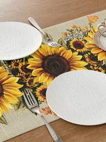 1 buc. Față de masă rustică cu model de floarea-soarelui - Design floral galben vibrant pe fundal bej, Material textil din poliester, Perfect pentru mese de sufragerie, măsuțe de cafea și decor pentru casă, Utilizare în toate anotimpurile, Decor de bucătărie cu model de floarea-soarelui (13x35.4/47.2/63/72/78.7 inci), Decor de toamnă, Decor de toamnă, Decor de cameră