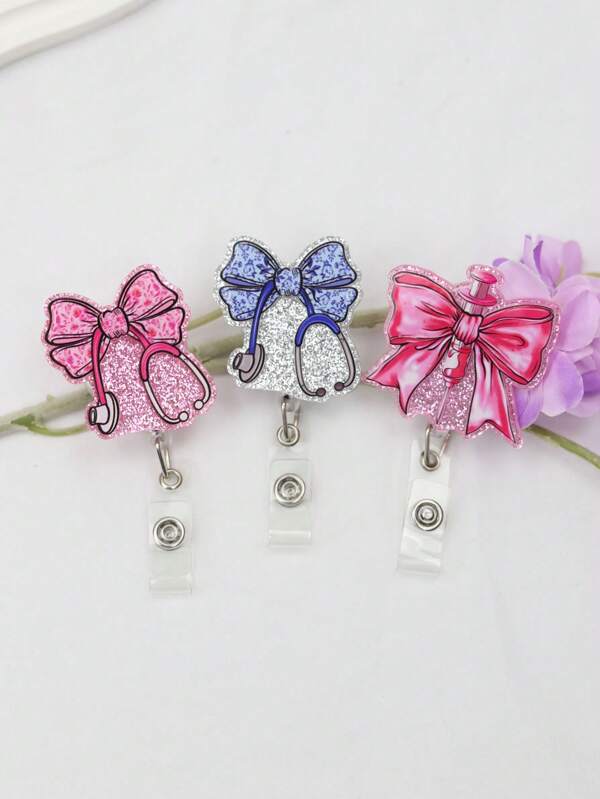1pc Pink Glitter Floral Printed Bow Stethoscope Needle Tube Shaped Acrylic Retractable Badge Reel With Clip ID Badge Holder Badge Reel Gift For RN LPN CNA Nurse Doctor Assistant Medical Staff