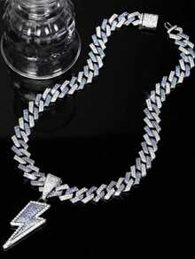 1pc Men's Icy Lightning Bolt Pendant Necklace - Shiny Cuban Chain, Hip Hop Rapper - Lightning - View 2