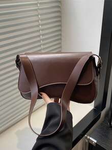 1pc Minimalist Solid Color Flap Shoulder Bag, Classic Textured Crossbody Bag, Women Handbag - Coffee - View 10