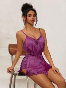 NIKBK Mono de mujer decorado con rhinestones, escote en V profundo, estilo halter, abertura en la cintura, decoración con rhinestones, vestido corto ajustado para fiesta y club - Morado - Ver 2