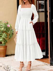 Women Elegant  Maxi Dresses For Fall Boho Long Sleeve Smocked A Line Ruffle  Wedding Guest Holiday Party Long Dress With Pockets New Years Valentine Vacation Spring Dresses For Women Vestidos Elegantes De Mujer - 白色 - 查看 4