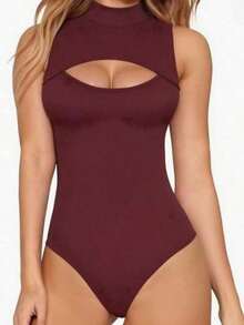 Women's Bodysuit With High Neck And Cutouts, Ideal For Summer Use - 酒紅色 - 查看 1