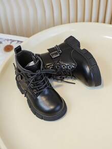 Dziewczęce buty outdoorowe, krótkie buty z miękką podeszwą, czarne krótkie buty w stylu brytyjskim, jesień/zima - Czarne - Zobacz 6