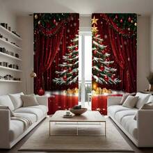 2 piezas Cortinas navideñas con estampado de árbol de Navidad rojo - Decoración navideña elegante con copos de nieve, estrellas doradas y adornos, diseño de bolsillo para vara para sala de estar o dormitorio, de microfibra de poliéster lavable a máquina, Cortinas navideñas