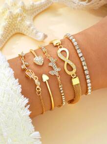 5pcs Fashionable Minimalist Elegant Butterfly, Heart, Flower, Tulip Rhinestone Bangle Bracelet Set, Suitable For Holiday, Party, Date, Gift, Daily Wear