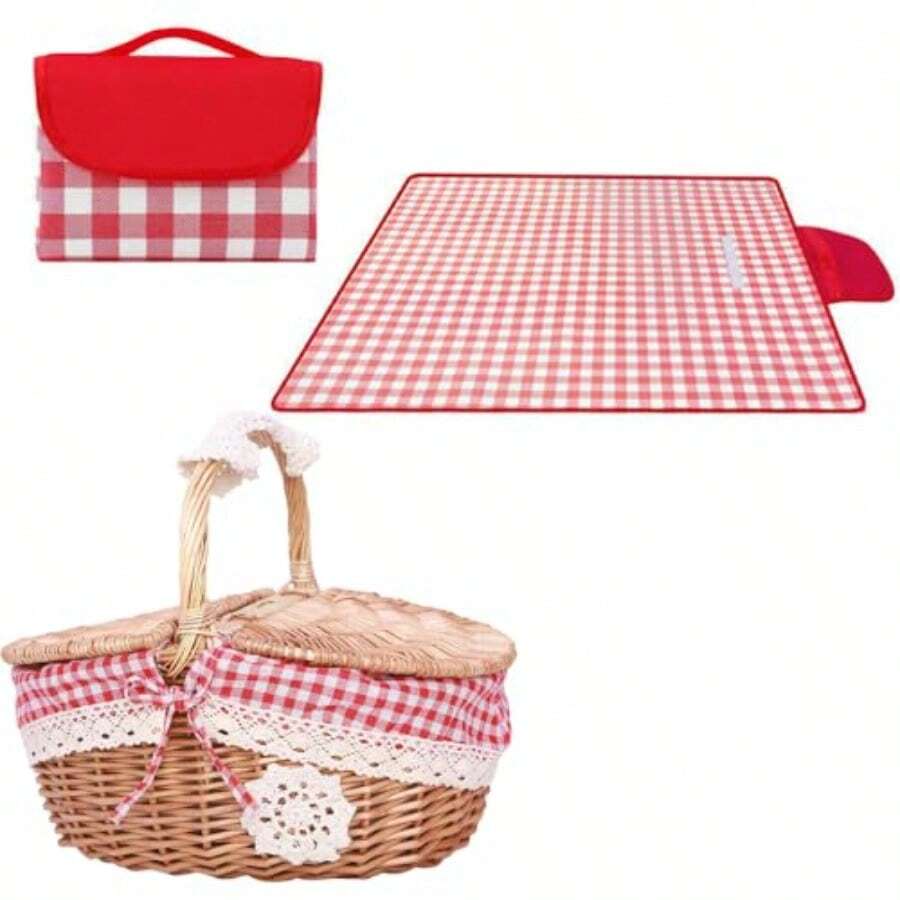 Picnic Basket Woven Wicker Baskets Hand Knit Storage Container Portable Camping Organization Handheld Rattan Decorative Hamper Weaving Hamper With A Picnic Mat