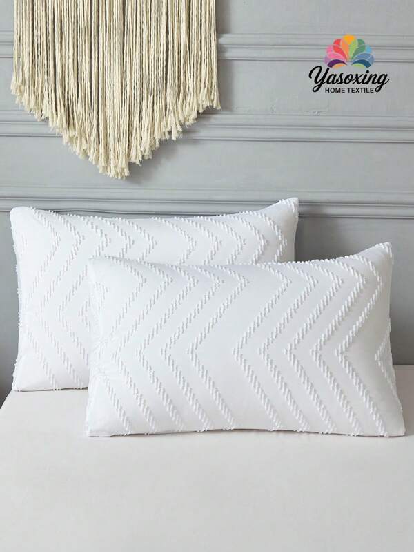 2pcs Chevron Tufted Pillowcase Without Filler, White Simple Bed Pillow Cover For Home