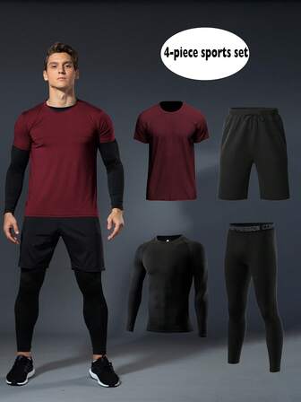 4 件套男士健身服，速干健身运动服，压缩紧身运动服，适合跑步、篮球