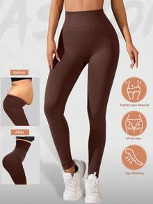 2Pcs Seamless High-Elasticity Women's Solid Color Sports Leggings,Women Tuck In The Abdomen Leggings,Lift The Buttocks And Slim The Legs Leggings,Soft Touch Quick Dry Breathable Four-Way Stretch Hip Lift Leggings For Women,Multi-Color Optional(Black/Blue/Green/Brown) - 黑色+棕色 - 查看 4