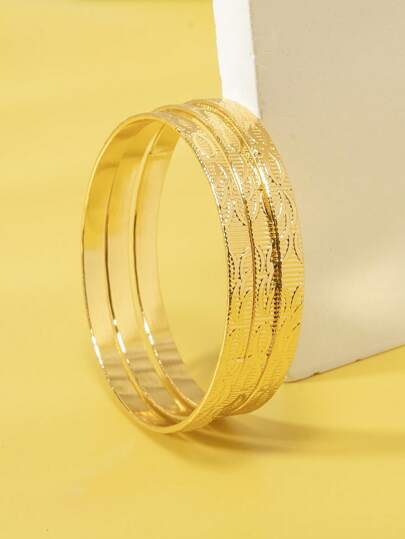 3pcs Girls' Elegant Carved Willow Leaf Pattern Stacking Bangle Bracelets