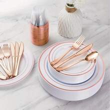 5/10 piezas Juego de vajilla en color oro rosa, Cubertería de acero inoxidable dorado, Cuchillo, Tenedor y Cuchara de color dorado, Adecuado para fiestas, bodas, cumpleaños y eventos al aire libre