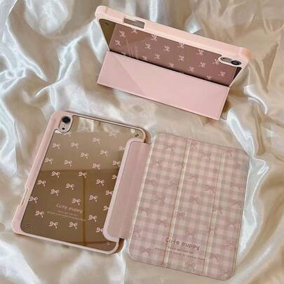 1pc Minimalist Plaid Bowknot Pink Mirror Flat Tablet Protective Case Compatible With IPad 11 2025/10.9/Air4/5/6/7 2025/10.2/Pro 11/10th/9.7/10.5, Sleep/Wake Function