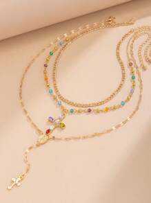 3 件套复古时尚水钻十字架吊坠项链，简约彩色水晶珠链项链，适合女士日常佩戴、旅行、派对 - 多色 - 查看 3